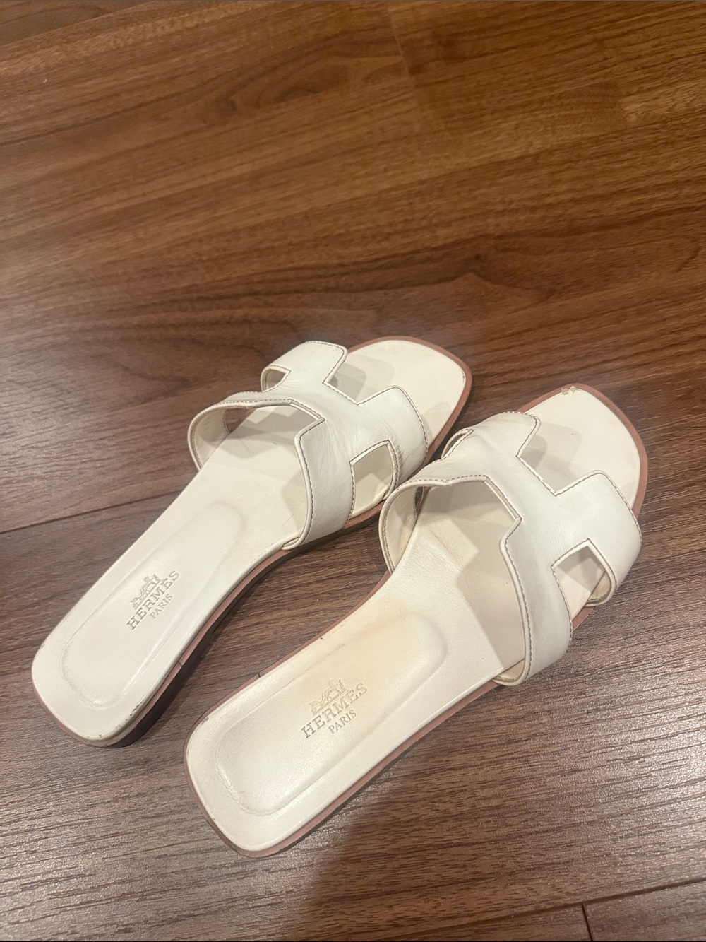 Hermes Cream Leather H Cutout Slide Sandals